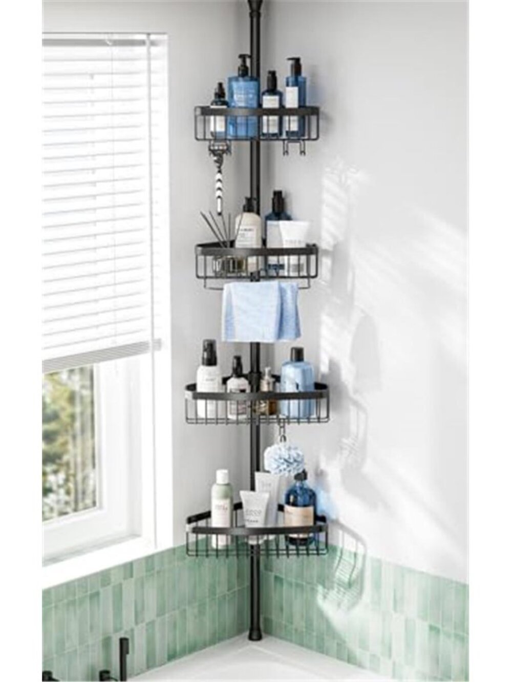 Corner Shower Caddy Tension Pole Adjustable Stainless Steel 4 Tier Basket Hooks